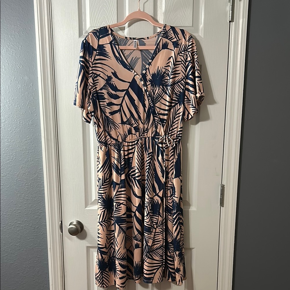 Piphany Light Pink and Navy Leaf Print Midi Dress Flutter Sleeves Wrap Dress